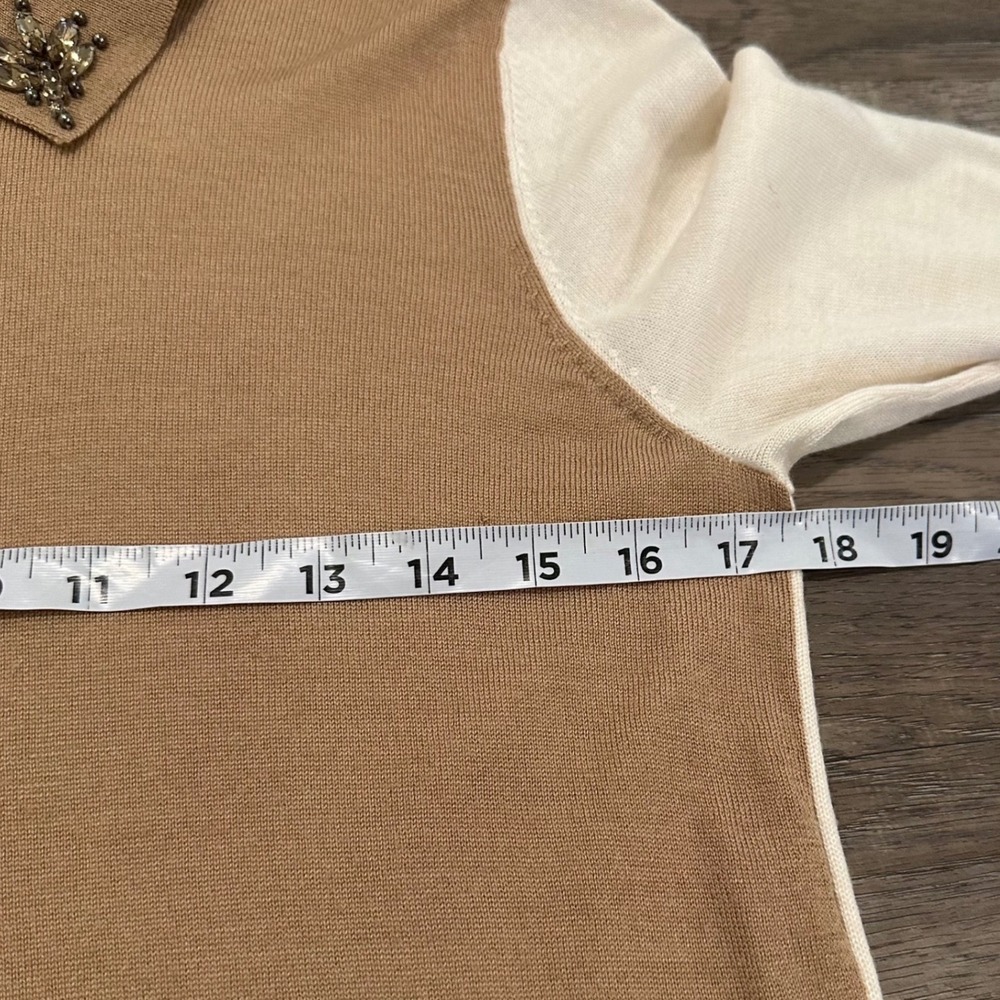 LOFT Womens Medium Wool Blend Beaded Collared Sweater Camel Beige Cream Jewel - Picture 8 of 12